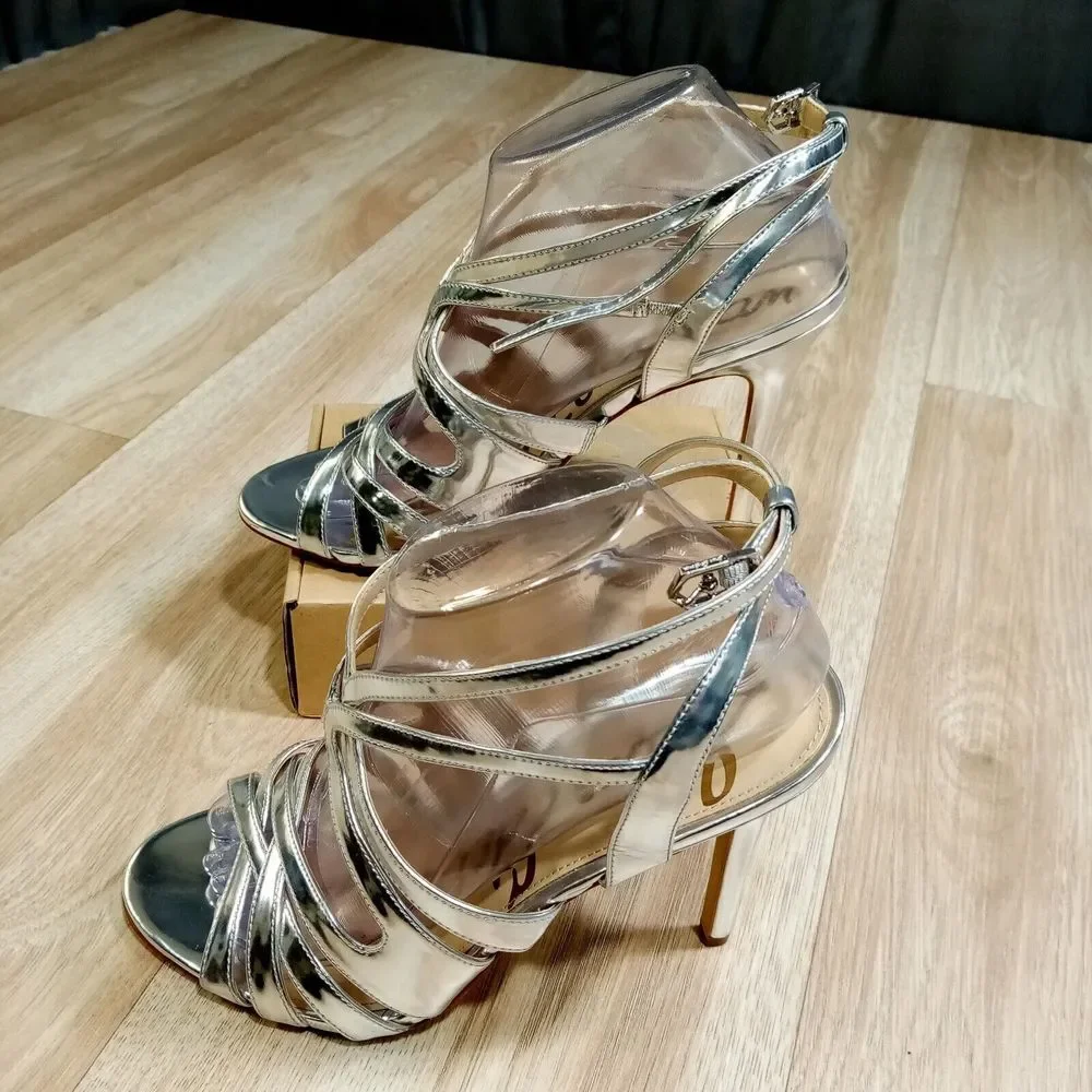Sam Edelman Aviana Strappy High Heel Sandals‎ Womens Sz 8.5M EU 38.5 Silver
